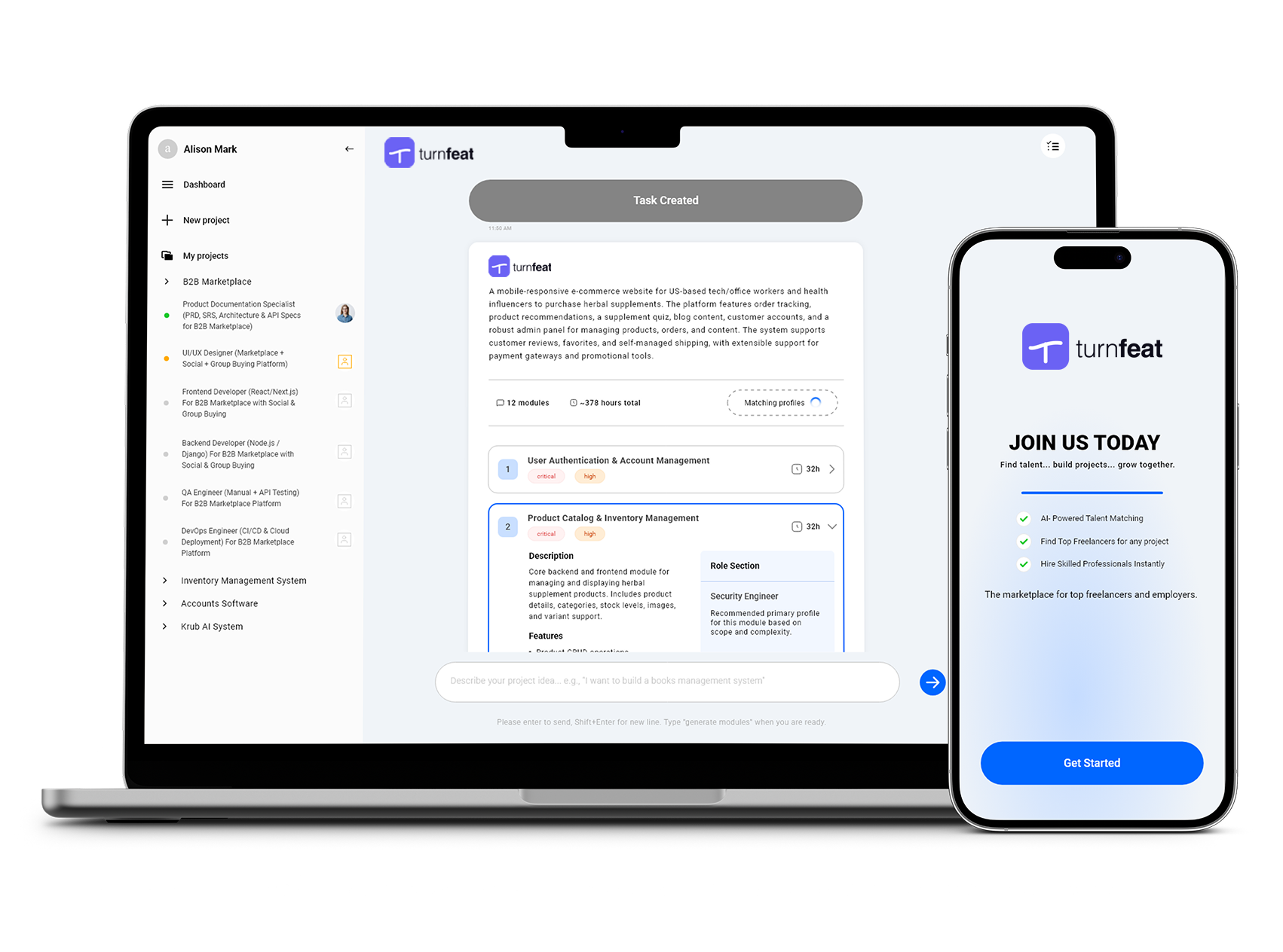 Turnfeat AI on laptop and phone