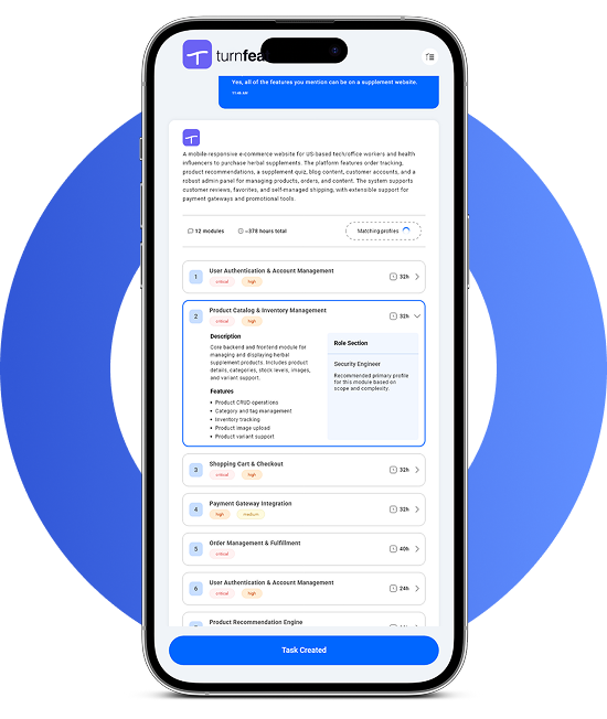 Turnfeat AI mobile app with structured project modules